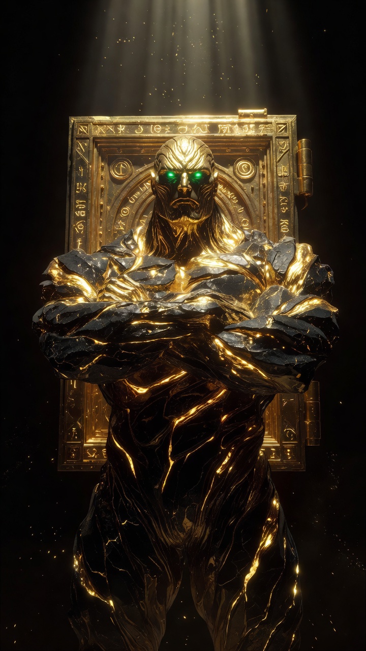 A golden Titan standing guard over the vault
