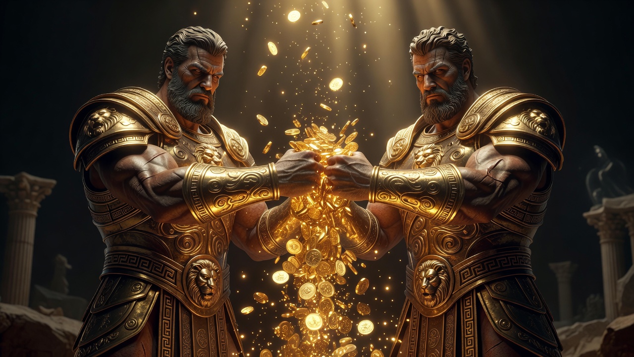 Two Titan allies sharing a cascade of gold coins